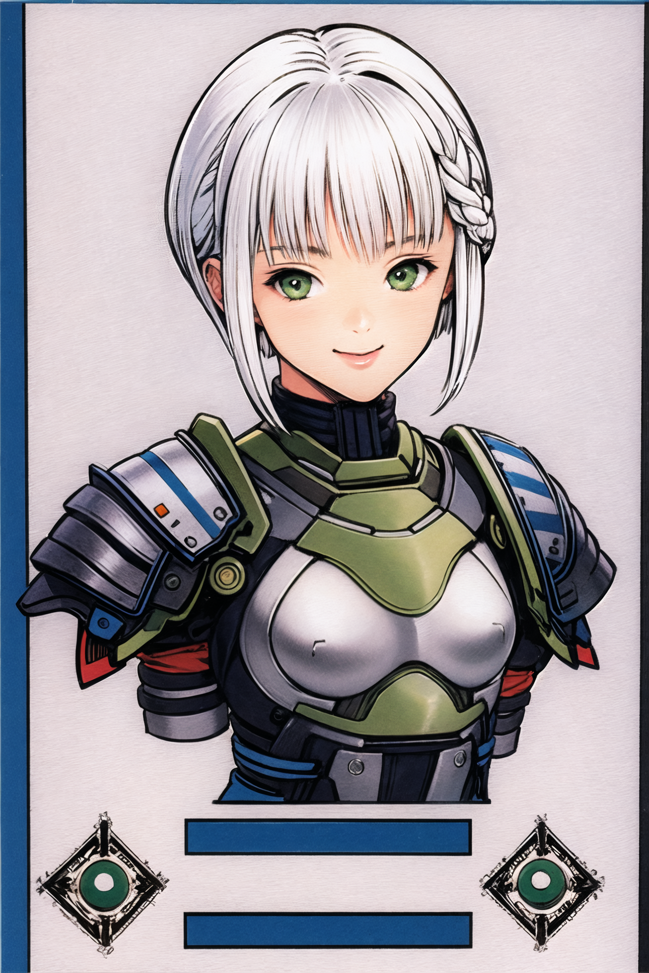 04649-566654376-1girl, solo, green eyes, braid, armor, bodysuit,smile,  white hair, short hair, upper body, white background, simple background,.png